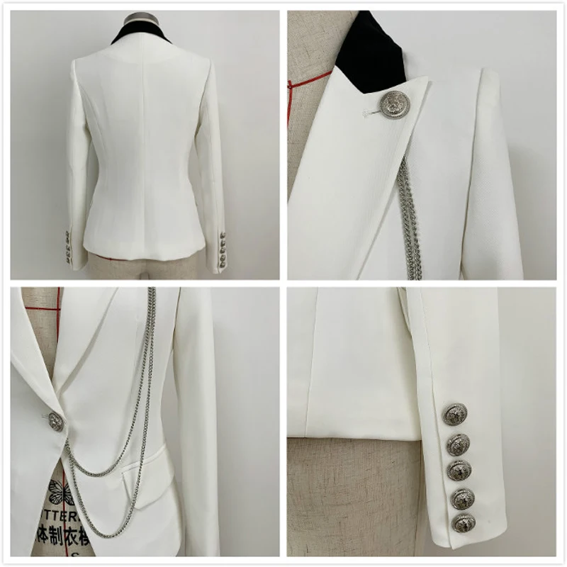 High Quality Women's Pant Suit Single Button Chain White Blazer Jacket & Pants 2 Piece Set Women Long Sleeve Office Ladies Suits