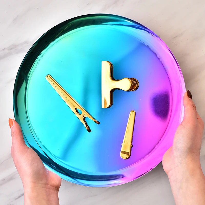 

Nordic 11 Inches Stainless Steel Gold-plated Household Shiny Rainbow Decorative Tray Storage Colorful Home Decoration Plate