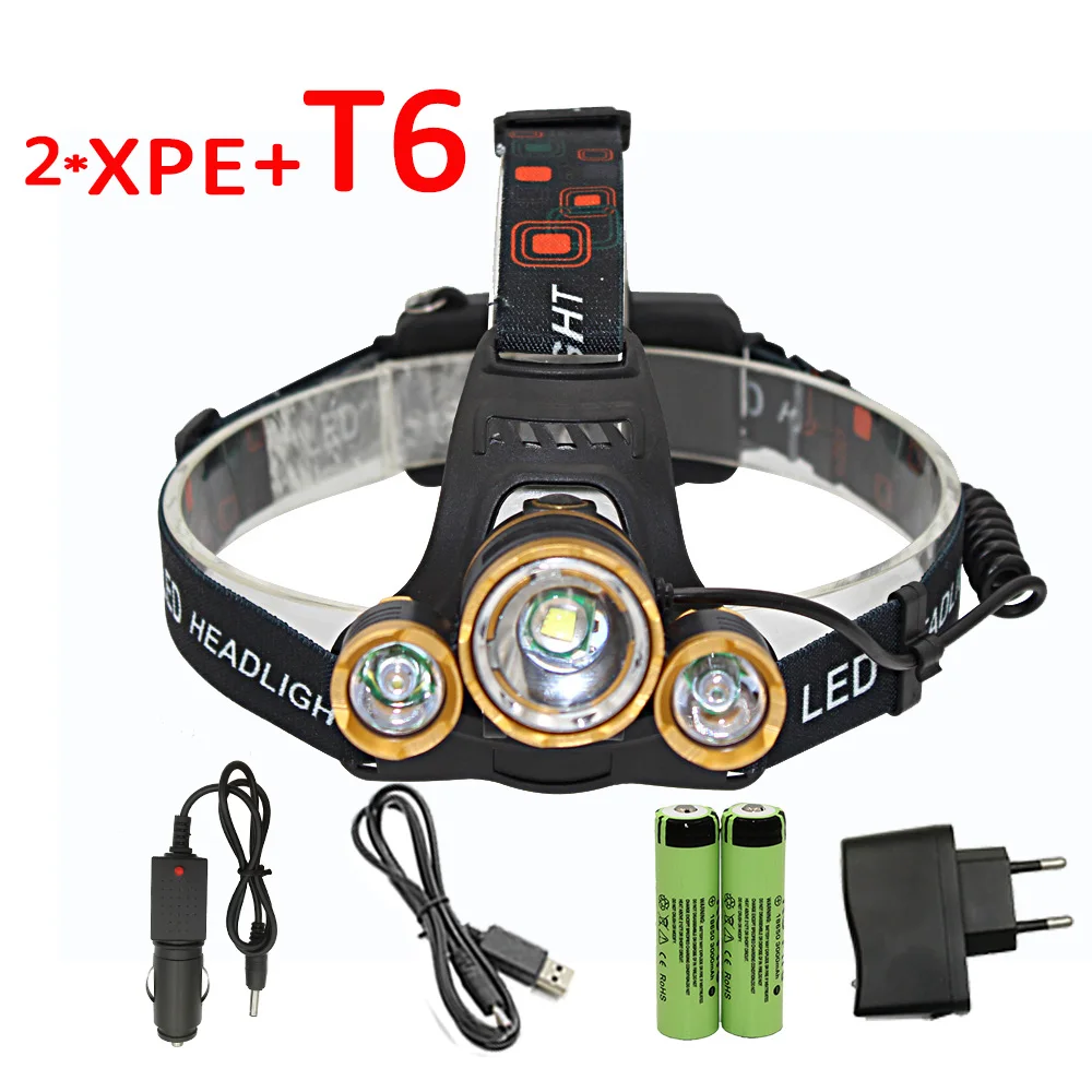 

3 LED 1600LM Headlight 1 T6 + 2x Q5 LED Rechargeable Zoom Headlamp 4 Modes Headlamp Head Flashlight 2x 18650 Battery +Chargers