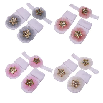 

Lovely Baby Girls Twinkling Star Gauze Flower Decorated Anti-Slip Cotton Ankle Socks with Elastic Hair Band Set