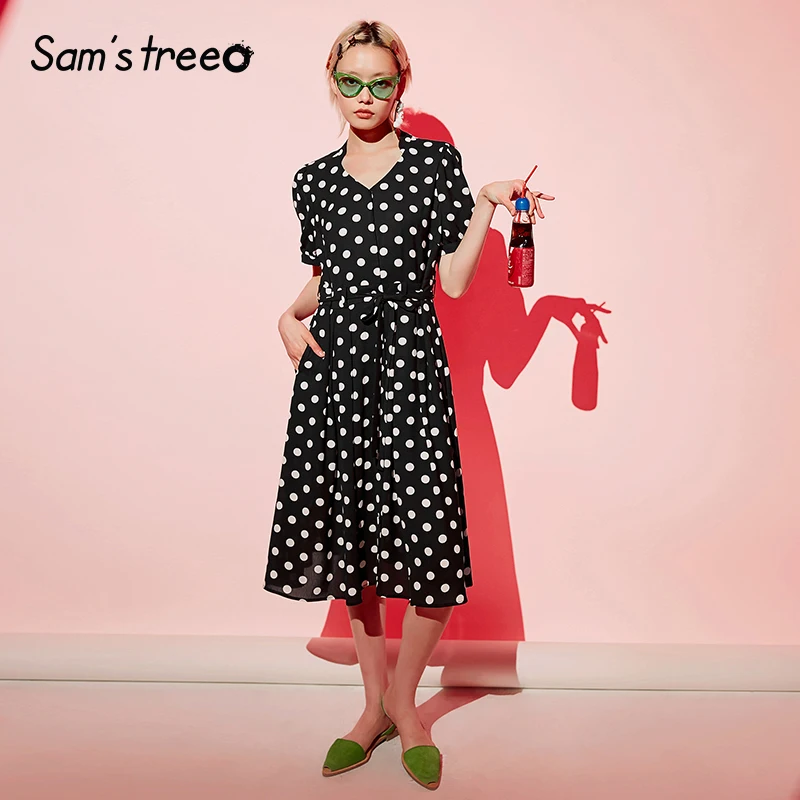 Samstree ألف خط نقطة اللباس المرأة زائد حجم فانوس كم منتصف العجل الخامس الرقبة الصيف فساتين 2019 مع الزنانير الشيفون الرجعية اللباس