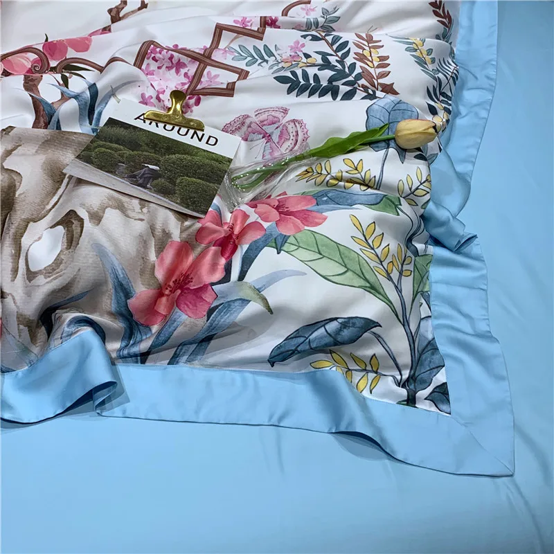 Набор постельного белья из Тенсел-лиоцелла с рисунком птиц и цветов, 4 шт., мягчайший шелковистый дышащий пододеяльник для нежного сна, размер queen King
