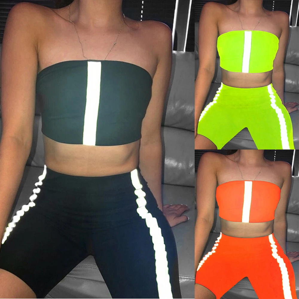 

2 Piece Set Reflective Suit Women Outflts Strip Strapless Short Crop Top and Pant Summer Tracksuit Sportswear Fitness Co-ord Set