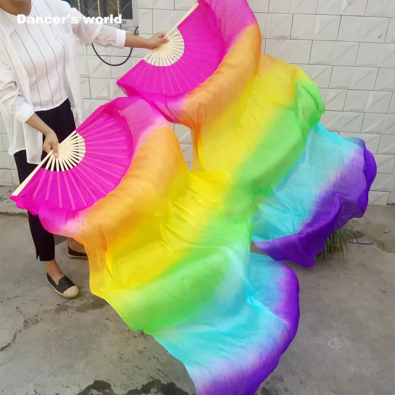 

Cheap belly dance fan veil Rainbow dyed 100% pure natural fan 150/180cm long belly dance fan for girls belly dance fan A pair