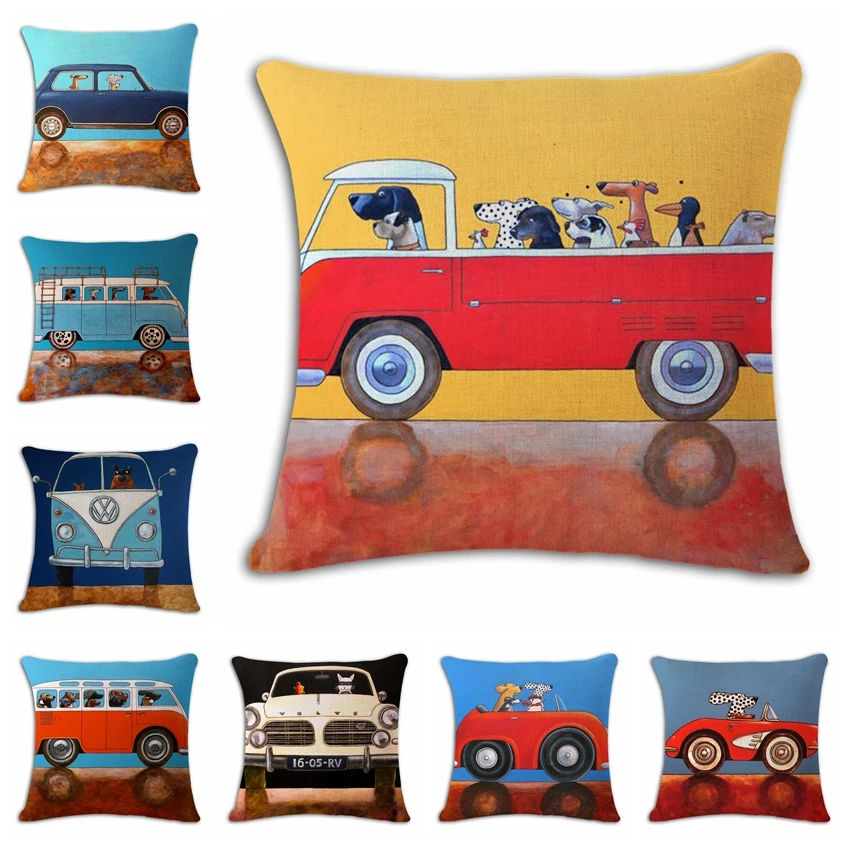 

Cartoon Cat Cushion Cover Woven Linen Family Affection Sofa Car Seat Family Home Decorative Throw Pillow Case Housse De Coussin