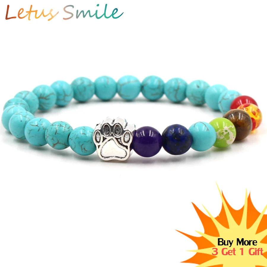 

7 Chakra Dog Claw Charm Bracelets Women New Turquoises Healing Yoga Beaded Bracelet Fashion Nature Stone Lovers' Rainbow Jewelry