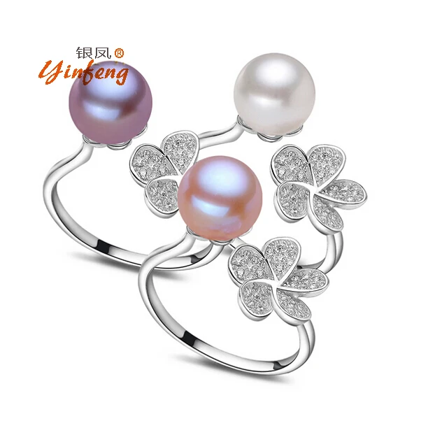 

new fashion ring for women AAAA 8-9mm natural freshwater pearl jewelry paty flower ring white pink purple