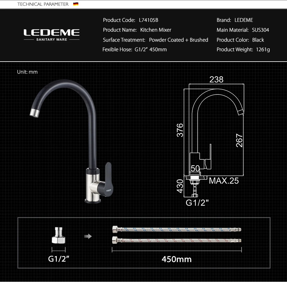 stainless kitchen sink LEDEME Kitchen Faucet Stainless Steel Black Spray Paint Single Handle Cold and Hot Water Kitchen Sink Mixer Faucets L74105B outdoor kitchen sink