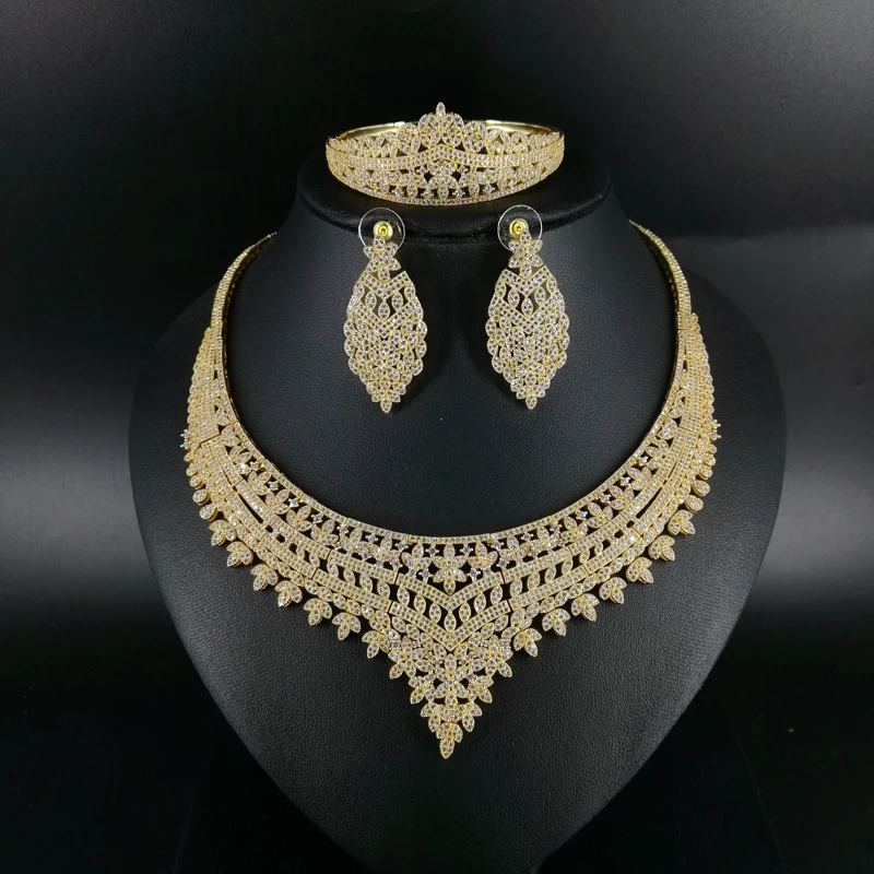 

2019 new fashion luruxy crystal CZ zircon golden necklace earring bracelet ring jewelry set wedding bride dressing jewelry set