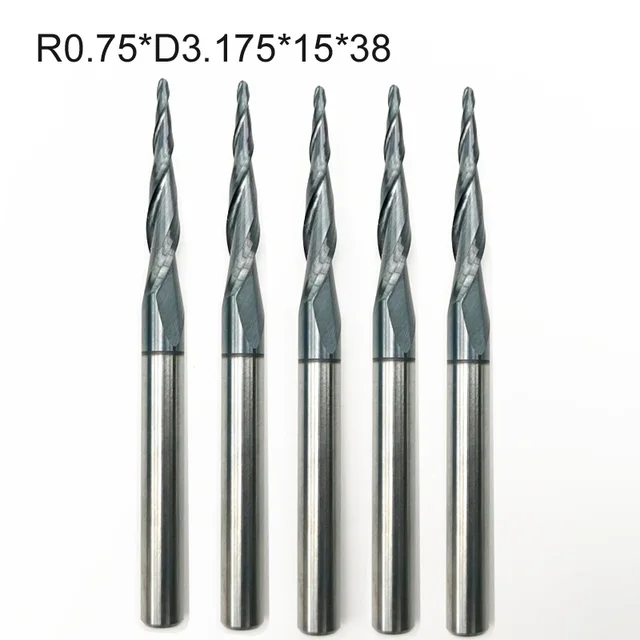 5pcs/lot R0.75*D3.175*15*38L*2F solid carbide 6mm Ball Nose Tapered End Mills router bits cnc taper wood metal milling cutter