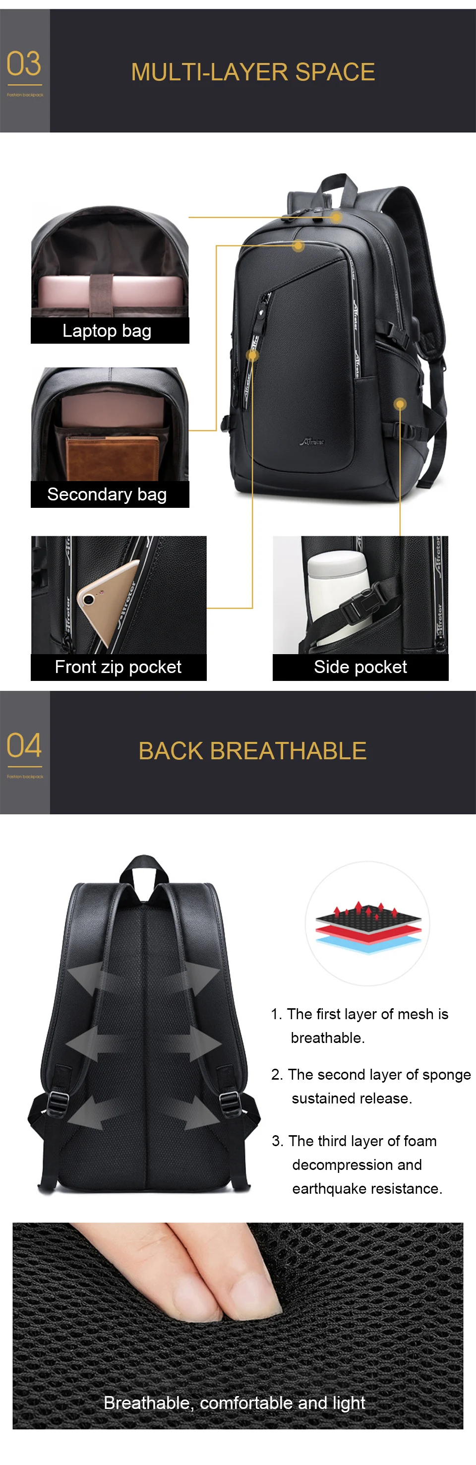 Leather Backpack Laptop 15.6 Inch Backpack Men Women PU Bagpack Waterproof USB Charging Smart Bag College Girls Boys Casual Bags (4)