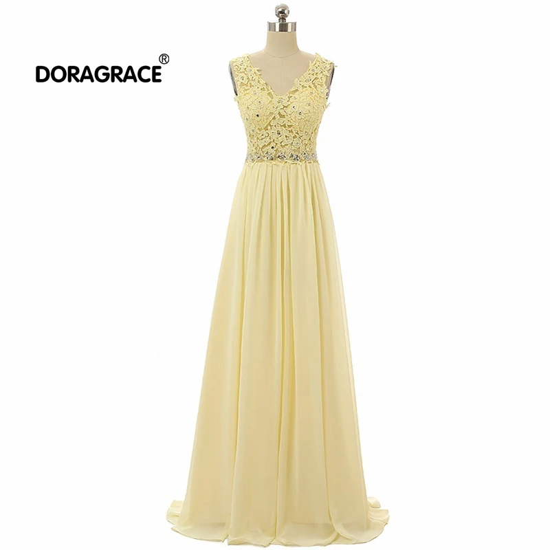 

Doragrace robe de soiree Real Photos V Neck Sleeveless Applique Beaded Chiffon Long Evening Dresses