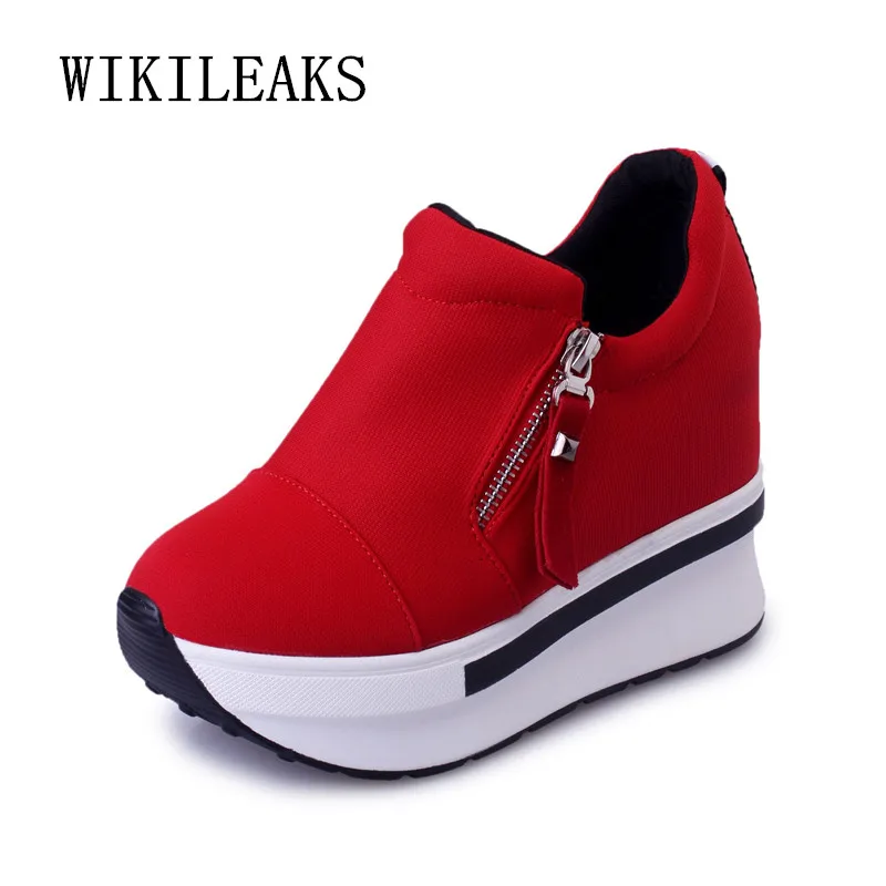 

2019 Red Woman Platform Shoes Hidden Heel Height Increasing Canvas Casual Wedges Shoes Female Chaussure Femme 9cm Heels Sneakers