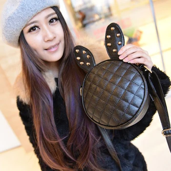 

100pcs/lot New Fashion Women Girl Plaid Rabbit Ear Round Leather Handbag Shoulder Messenger Bag