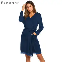 Ekouaear, Женский Повседневный халат, одежда для сна, однотонный, v-образный вырез, длинный рукав, пояс, кружево, пэчворк, карман, халат, кимоно, халат, Халат