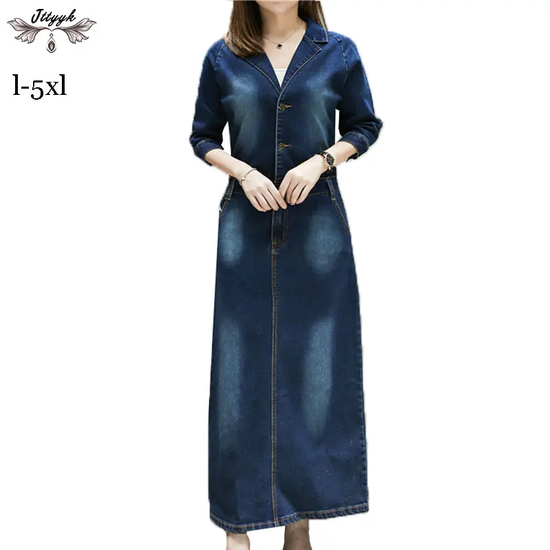 

Plus Size Ankle-length Denim Dress Women 2019 Autumn Loose Vintage jeans Dress Casual Three Quarter Dresses Female vestidos L170