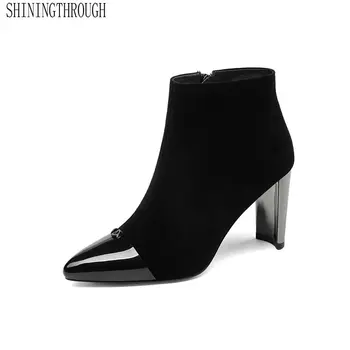 

Genuine Leather Women Zipper Ankle Boots Fashion Square Heel Women Shoes Pointed Toe Keep Warm Short Boots Size 34-43