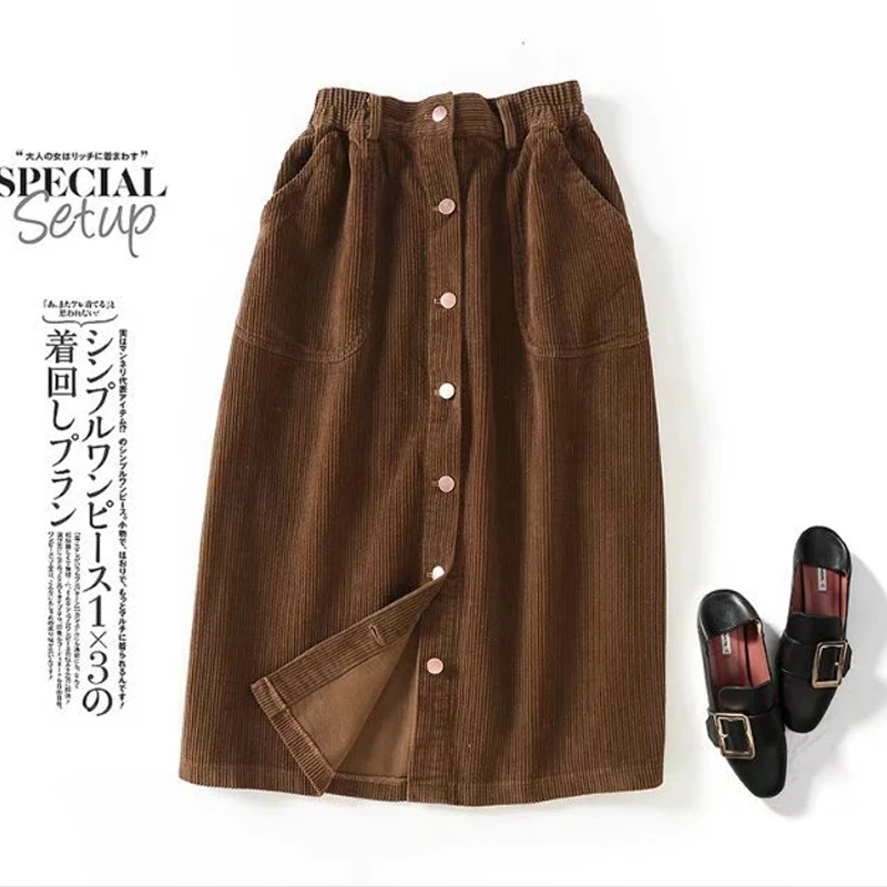 

2018 Spring Corduroy skirt Korean version Elastic waist solid color Vintage skirt saia mori girl