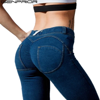 

LIBERJOG Knitted Jeans Fitness leggings Women Push Up Hip Low Rise Silicon Band Cotton Stretched Straight Female Pencil Trousers