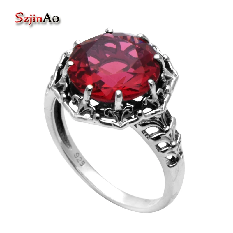 

Szjinao Luxury Brand Red Stone Created Ruby Engagement Wedding Rings For Women Vintage 925 Sterling Silver Jewelry