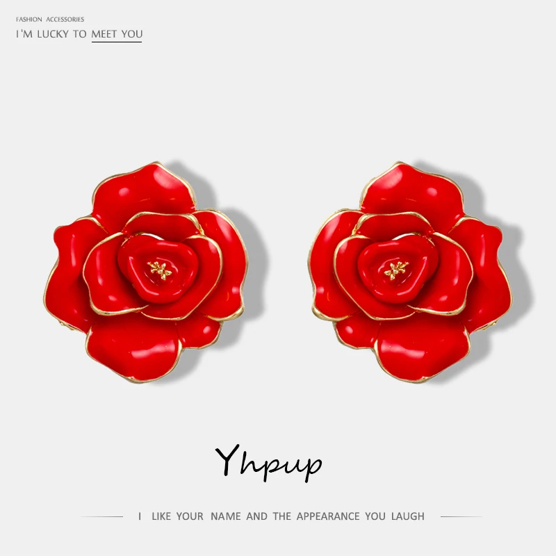 Yhpup Красная эмаль Роза цветок сережки-гвоздики большие Очаровательные Романтические дешевые серьги женские свадебные модные ювелирные изделия