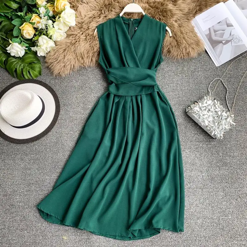 

Summer Ladies V-neck Sexy Slim A-line Party Long Robe 2019 New Korean Women Clothes Sleeveless Solid Vest Dresses Vestidos Mujer