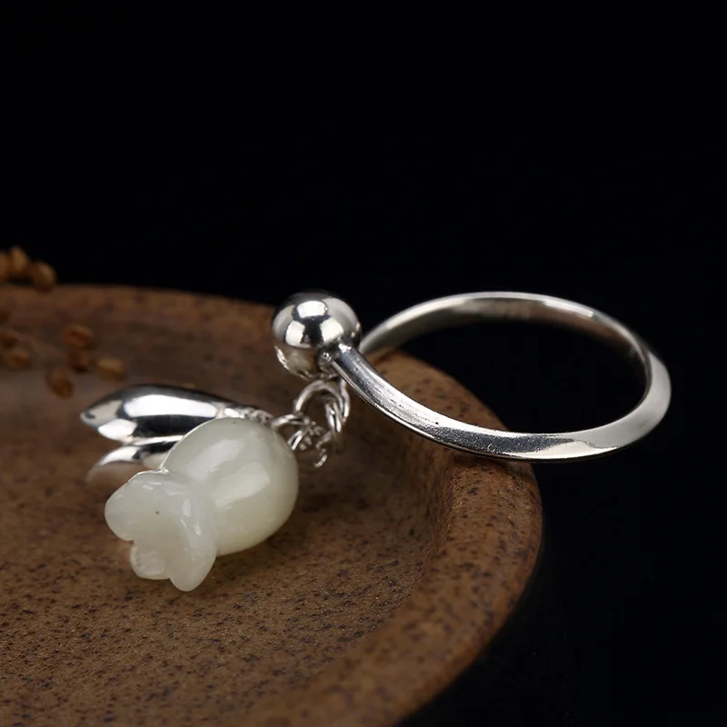 925 Sterling Silver Jade Rings Engraved Flores Convallariae Simple Vintage Natural Gemstones Rings For Women Bagues Argent Femme