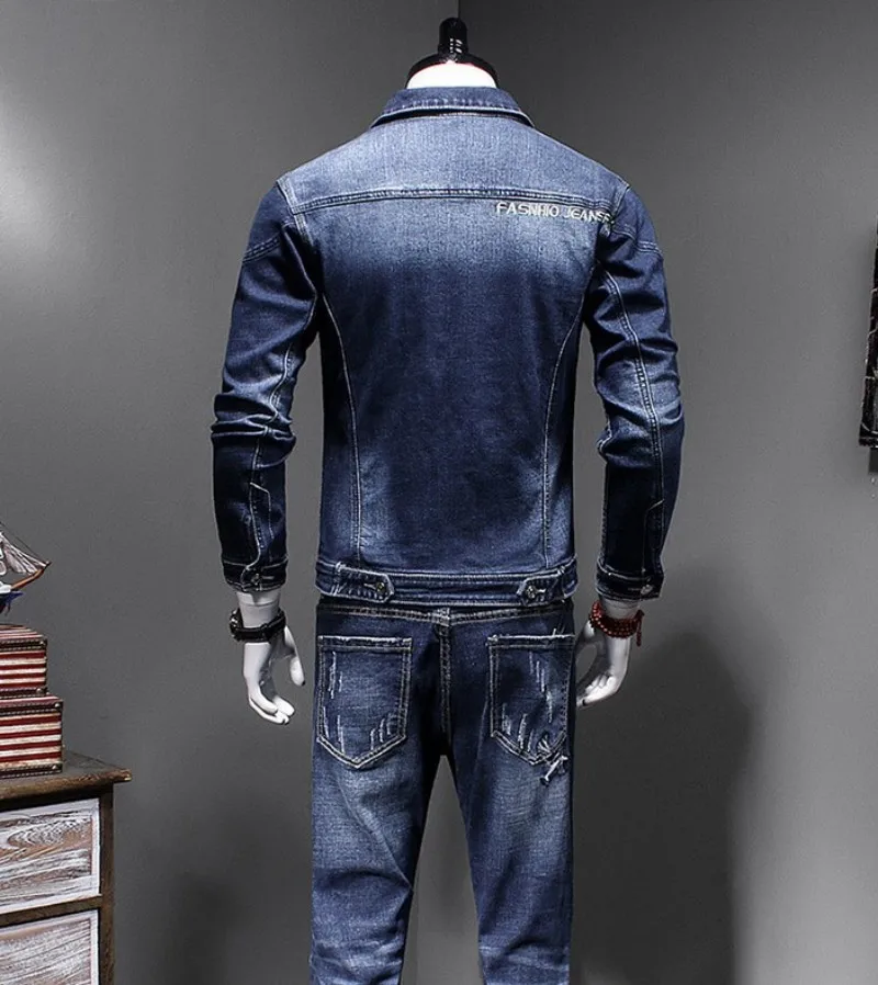 Мужские комплекты из двух предметов в Корейском стиле, повседневная приталенная Мужская джинсовая куртка на молнии с вышивкой птиц, прямые штаны с потертостями