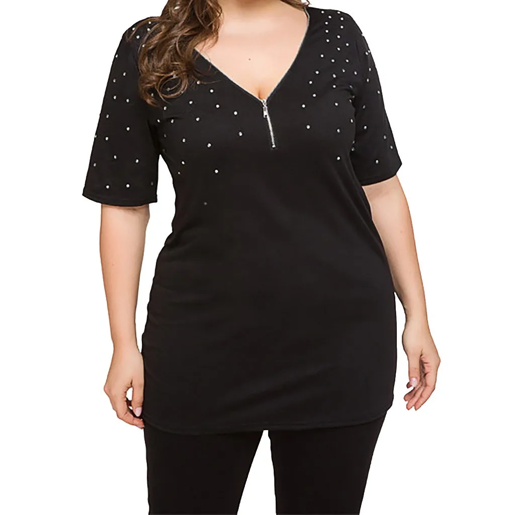 

Large Size Tops Womens Fashion Sexy V-neck Plus Size Blouse Top Women Drill Zipper Short Sleeve Top Women Shirts Roupas Feminina