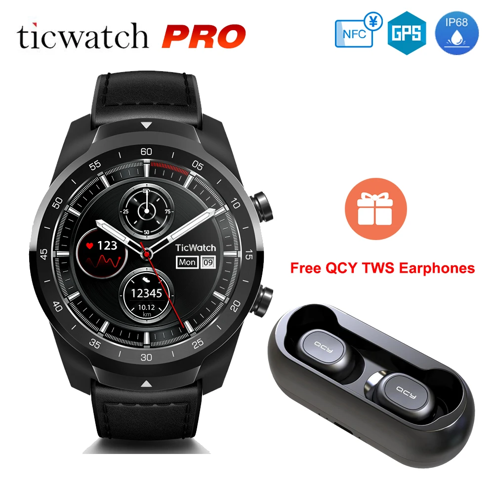 Мужские смарт часы Ticwatch PRO TWS наушники QCY в подарок Android NFC Google Pay GPS IP68