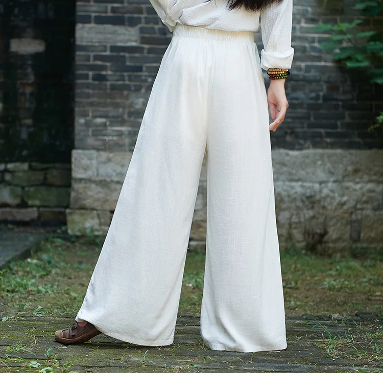 LZJN 2019 Spring Summer Culottes Pants Vintage Cotton Linen Pants Loose Full Length Trousers Women Wide Leg Pants White 3 Colors (31)