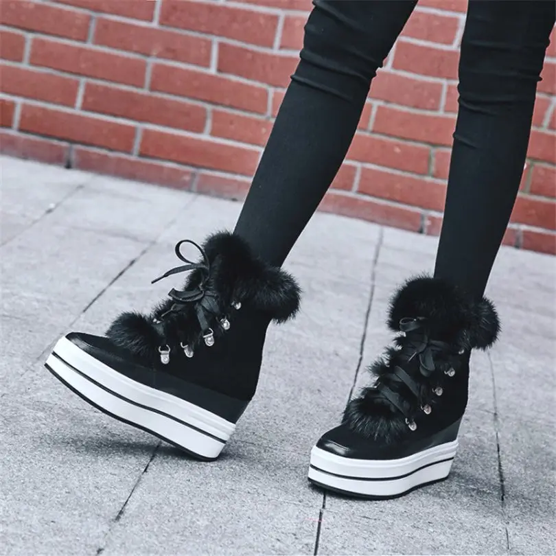 

NAYIDUYUN Women Lace Up Genuine Leather Rabbit Fur Wedges Platform High Heel Snow Boots Round Toe Winter Warm Pumps Shoes