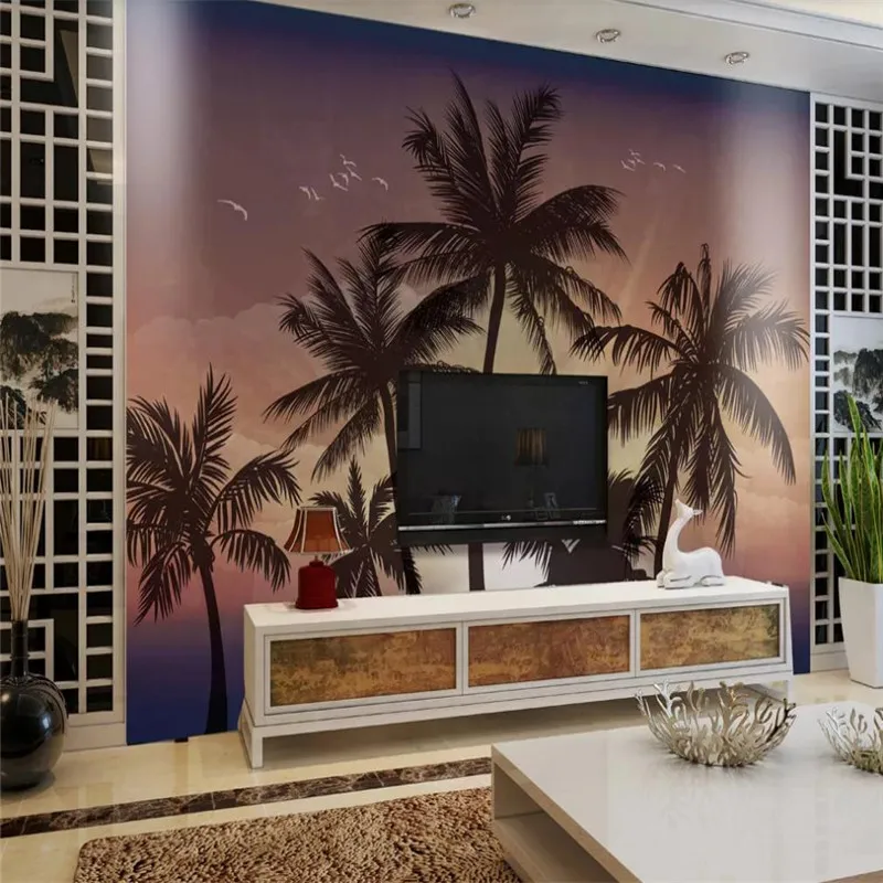 Custom wallpaper HD hand-painted sunset coconut tree sea style beautiful background wall decoration waterproof material Custom wallpaper HD hand-painted sunset coconut tree sea style beautiful background wall decoration waterproof material