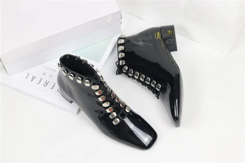 Mode Chaussures Dames Bout Bas À Talons Bottes Cheville Partie Sexy Lacets Carré as Rivets Femmes Noir De Sestito Pictures Filles Carrés Robe Martin OnaqCC