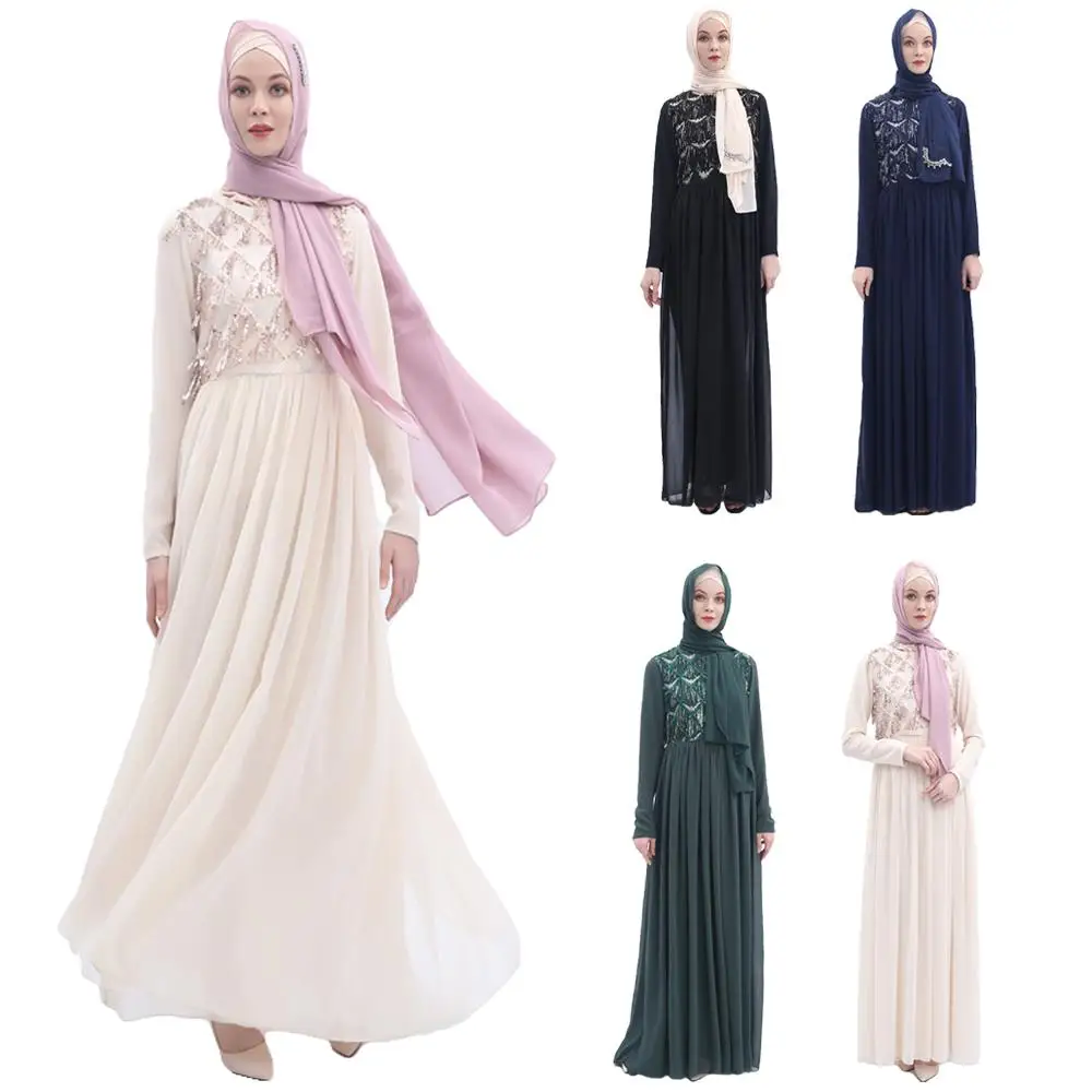 

Vintage Abaya Sequins Long Maxi Dress Muslim Lady Dubai Party Kaftan Jilbab Robe Islamic Clothing Draped Design Qatar UAE Dress