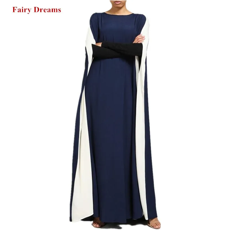

Women Abaya Dubai Islamic Clothing Blue White Patchwork Muslim Dress Bangladesh Kaftan Turkey Arab Fashion Loose Robe 2019