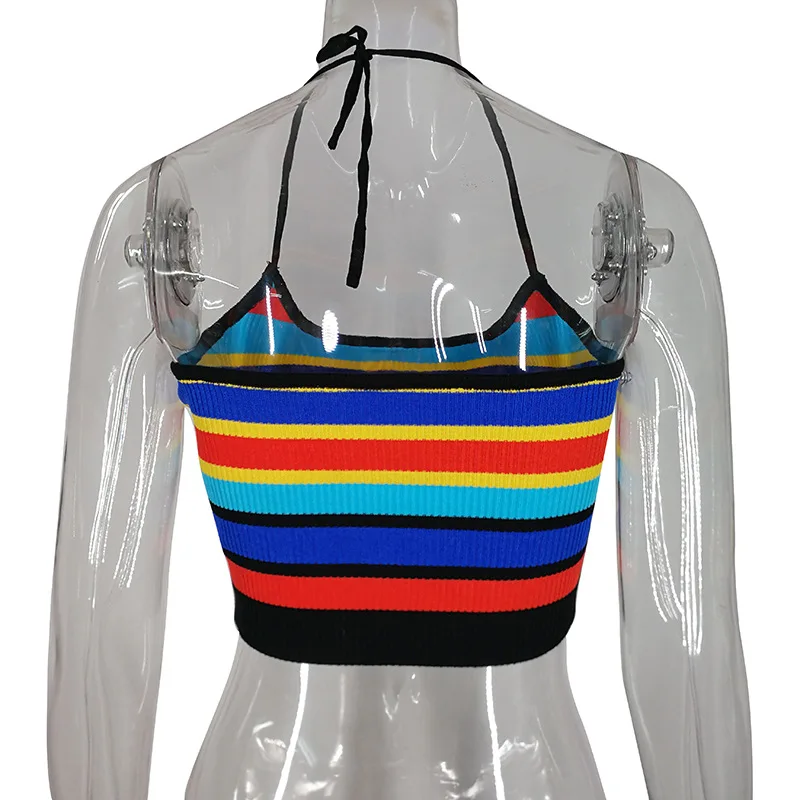  Cryptographic Rainbow Striped Knitted Halter Sexy Camis Crop Tops Summer Festival Top Feminino Stre