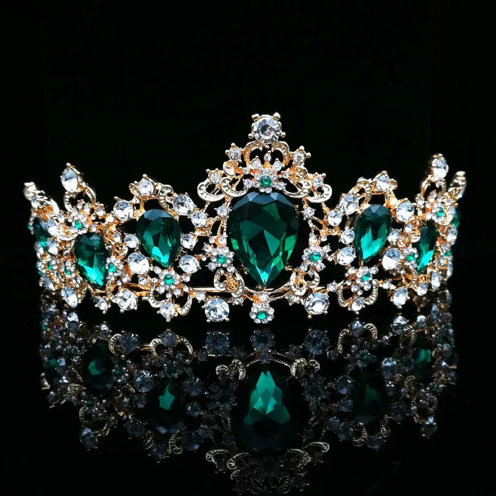 Baroque Crown Red Blue Green Crystal Bridal Tiaras Crown Vintage Gold Hair Accessories Wedding Rhinestone Diadem Pageant Crowns 