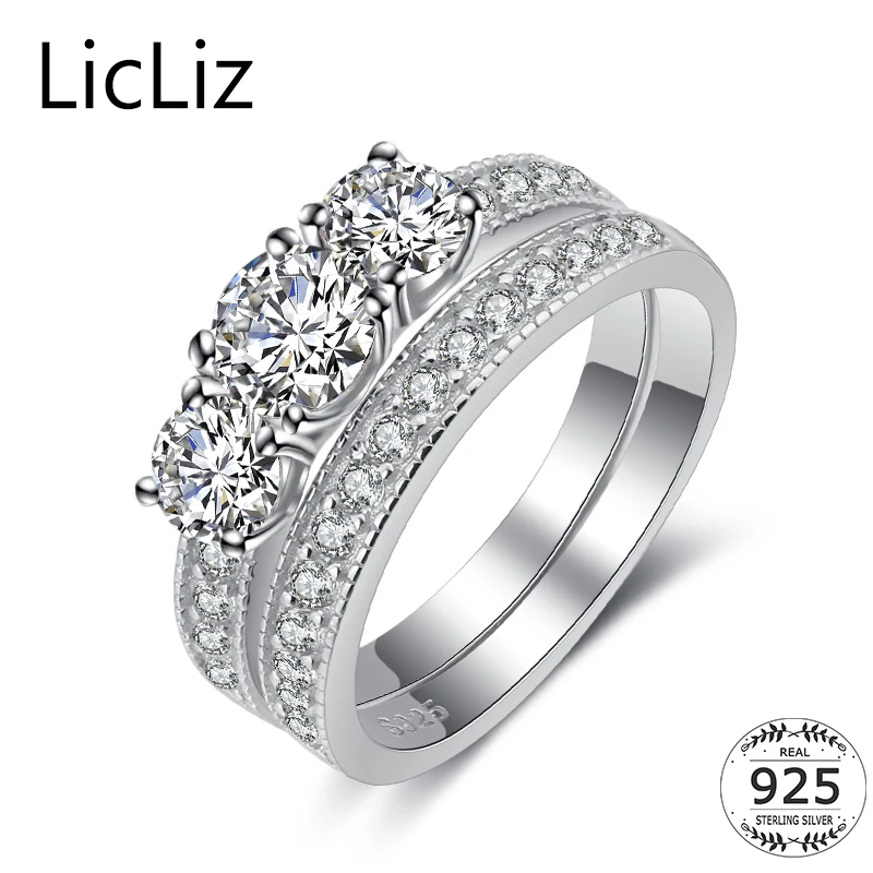 

LicLiz 925 Sterling Silver Tree Stone Big Ring Set Double Layer Eternity Rings Band CZ Zirconia Wedding Bridal Ring Sets LR0496