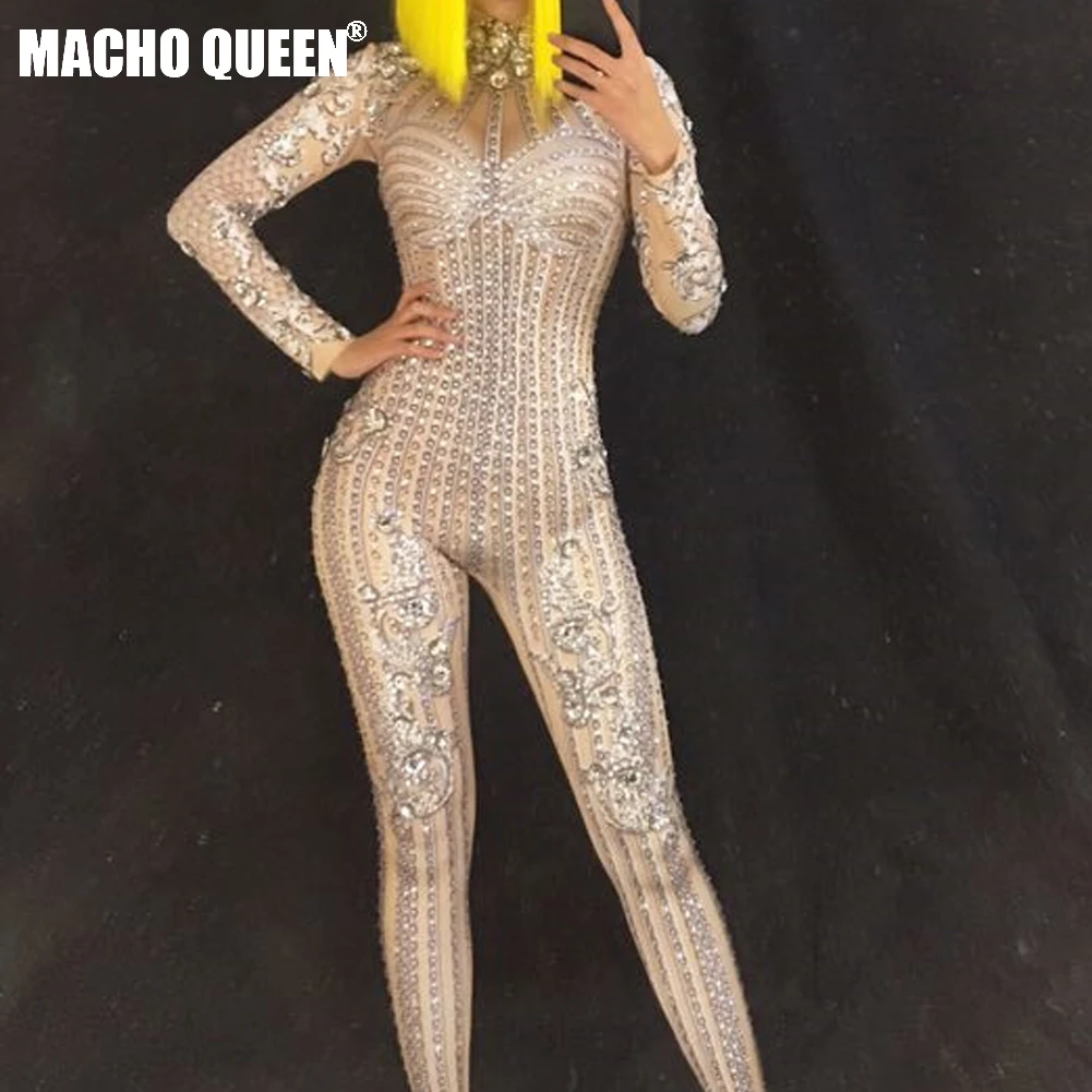 Silver Crystals Jumpsuit Rhinestone Bodysuit Costume Carnival Dance