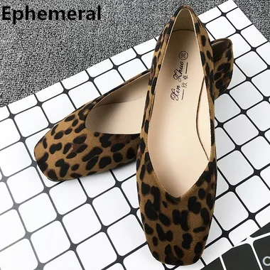 

New arrival Women Leopard flats shoes square toe brown white wide feet slip-on 44-33 plus size Dancing ballet footwear outwalk