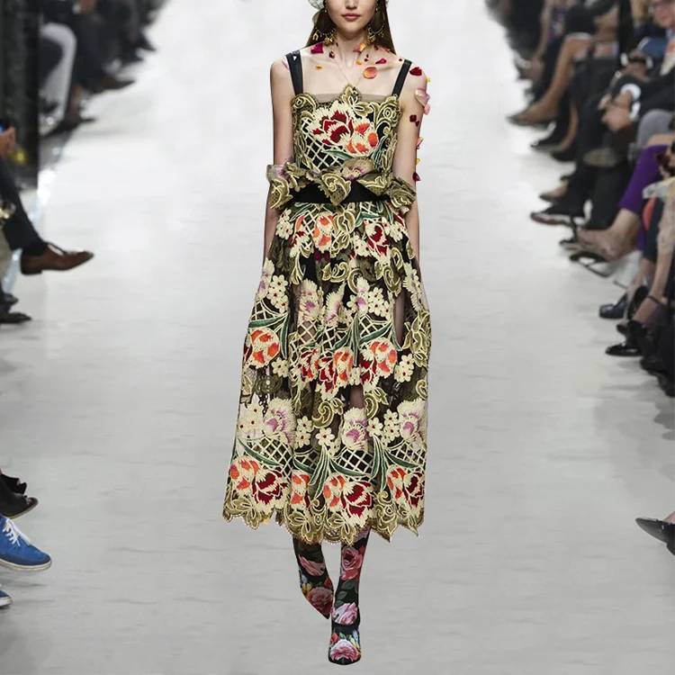 

High-end Vintage Floral Mesh Embroidery Long Dress Women 2019 Spring Summer Designer Runway Dress Strapless Maxi Dress