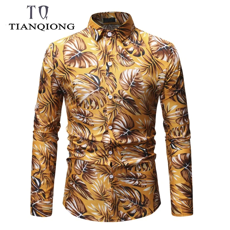 

2019 Men New Spring Summer Casual Shirt Blue Printed Flower Metrosexual Man Long Sleeve Shirt Slim Cotton England Style Shirts