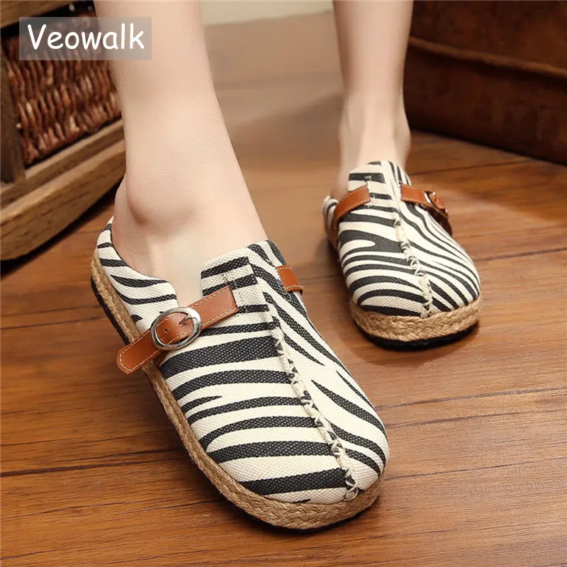 

Veowalk Zebra Print Summer Women Cotton Slippers Slip on Ladies Leopard Flat Slides Handmade Hemp Sew Sandal Woman Canvas Shoes