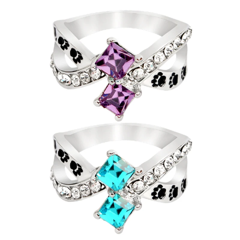 Pet-Claw-Stampato-In-Lega-di-Zinco-Arco-Viola-Blu-Strass-Anello-Sveglio-Temperamento-Amico-Amante