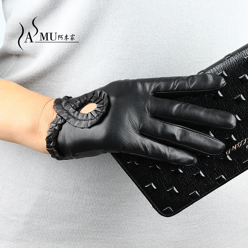 Женские перчатки из натуральной кожи, короткие тонкие перчатки для вождения, тонкие перчатки для сенсорного экрана, модные черные перчатки