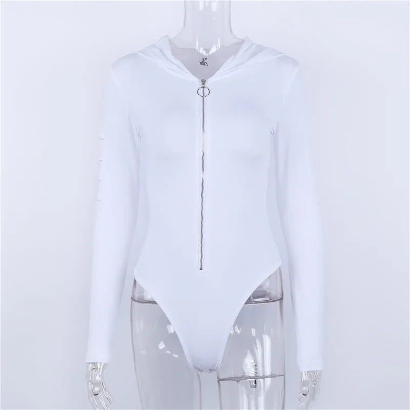 Stylish Front Zipper Hooded Bodysuit Leotard Sexy Women Hoodie Jumpsuit One Piece T shirt Body