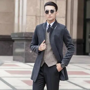 Black grey long sleeve Medium-long wool coat men jackets and coats mens slim wool winter single breasted trench coats S - 9XL brand children s clothing in the big girl wool coat autumn and winter children s long section of the red double breasted trench