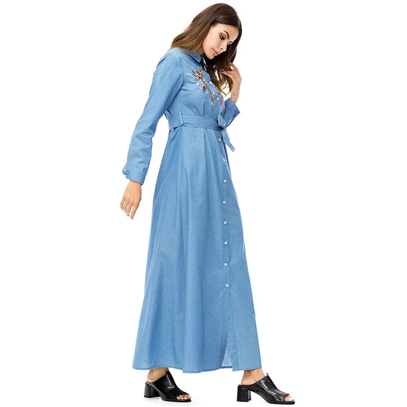 ShejoinSheenjoy Turn-down Collar Embroidery Muslim Abaya Denim Blue Women Long Dress Middle East Islamic Clothing Casual Dress (6)