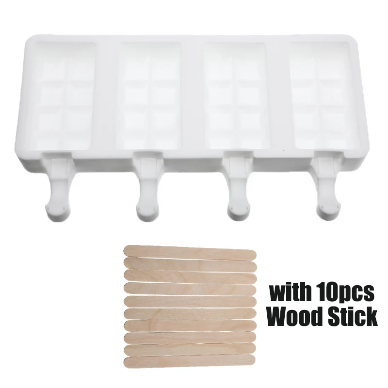 

4 Grids Silicone Freezer Ice Cream Mold with 10pcs Wood Sticks DIY Ice Pops Popsicle Mold Form Maker for Kids Party Bar Accessories